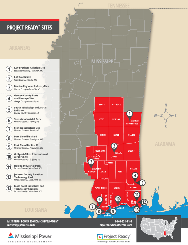 Map of Mississippi project ready sites