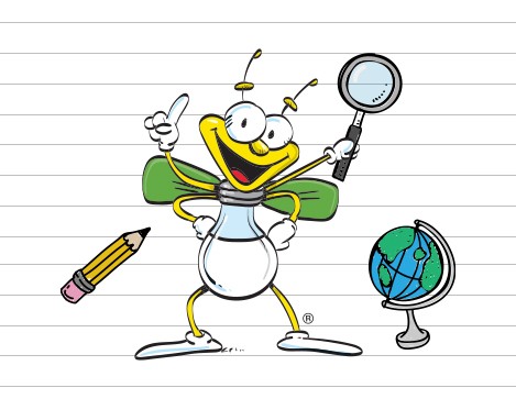 Louie the lightning bug with a pencil, magnifying glass and globe